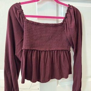 American Eagle Outfitters Burgundy Long Sleeve Smocked Babydoll Top